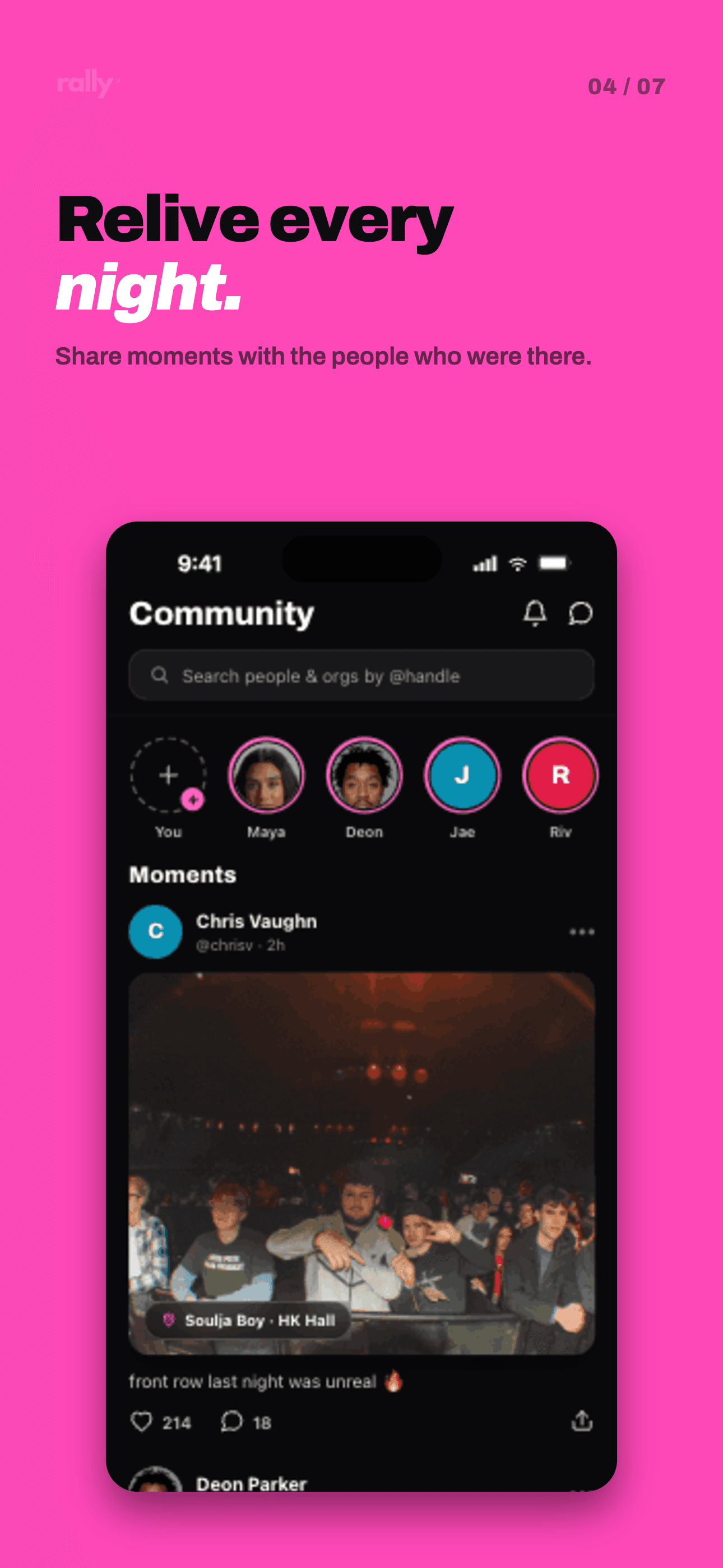 Rally app — friends going, community screen