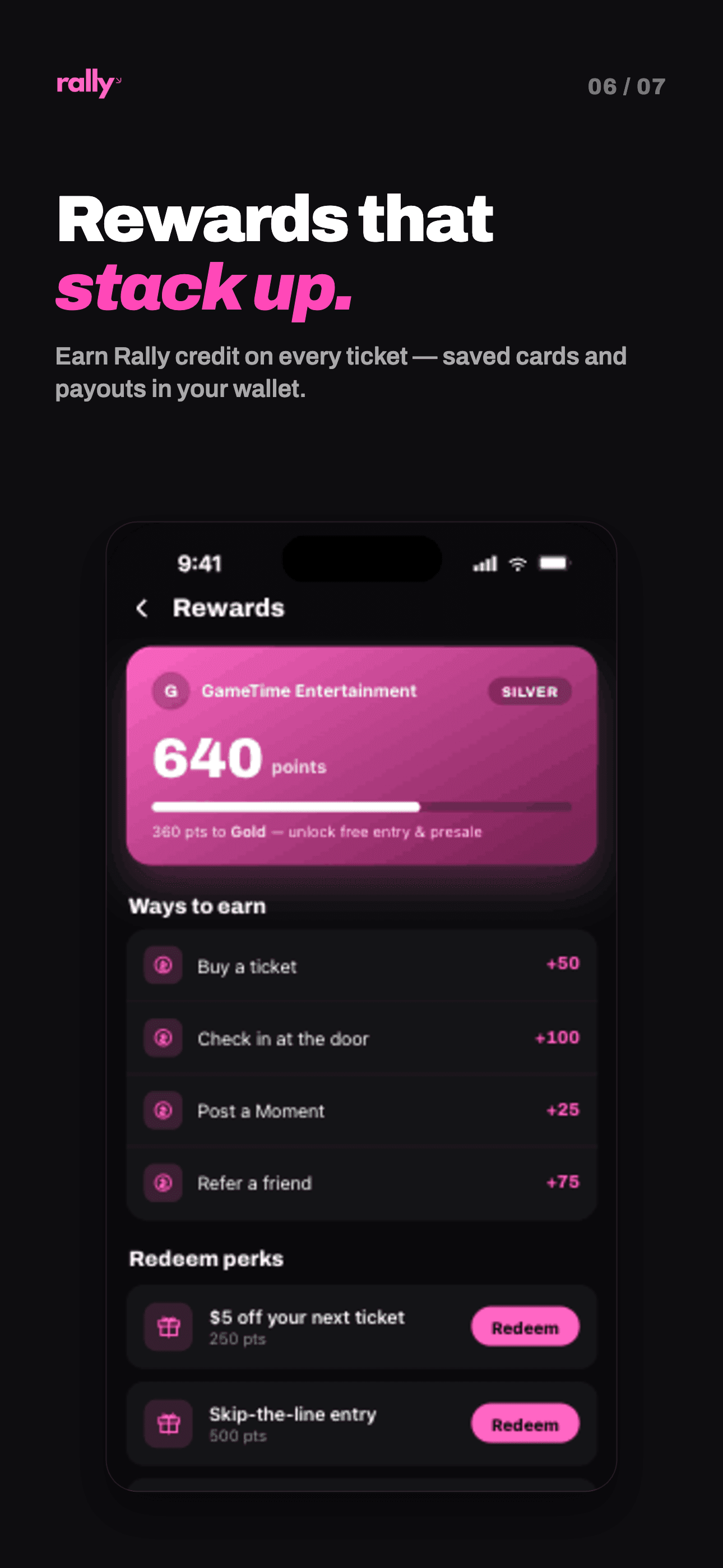 Rally app — rewards and perks screen